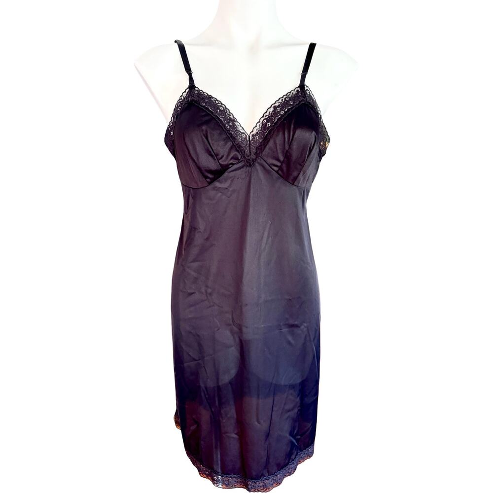 Vanity Fair Black Nylon Full Slip Lace Trim V-Neck Vintage 90s Size 36 - Picture 3 of 10